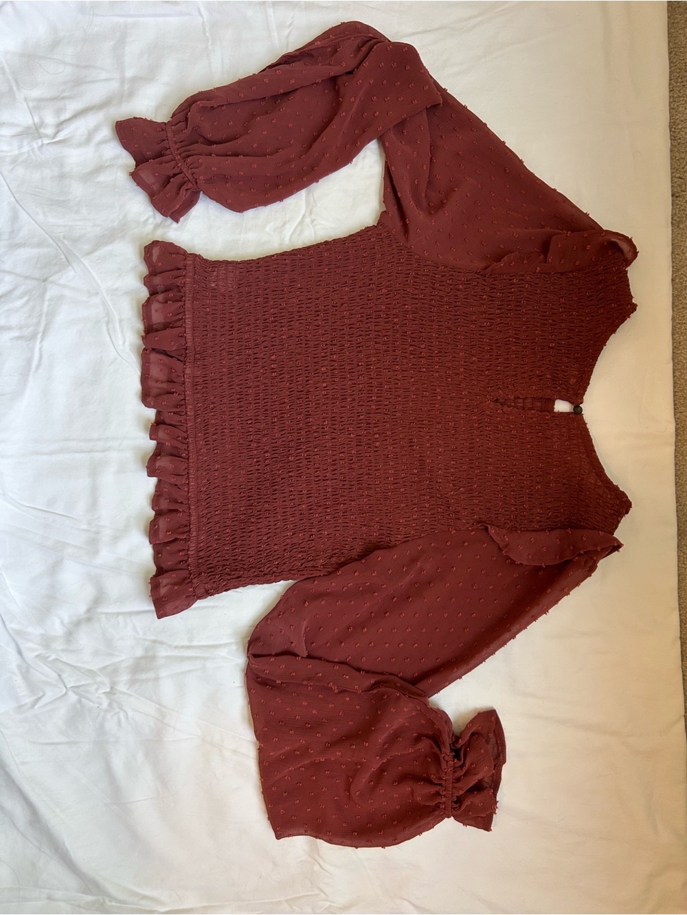 Oak & Trellis Dusty Rose Smocked Swiss Dot Peplum Blouse Large - Picture 8 of 10